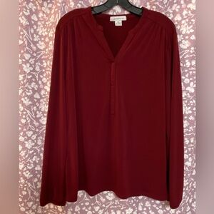 (S5) XL Liz Claiborne Burgundy V-Neck Bubble Sleeve Popover Blouse Never Worn